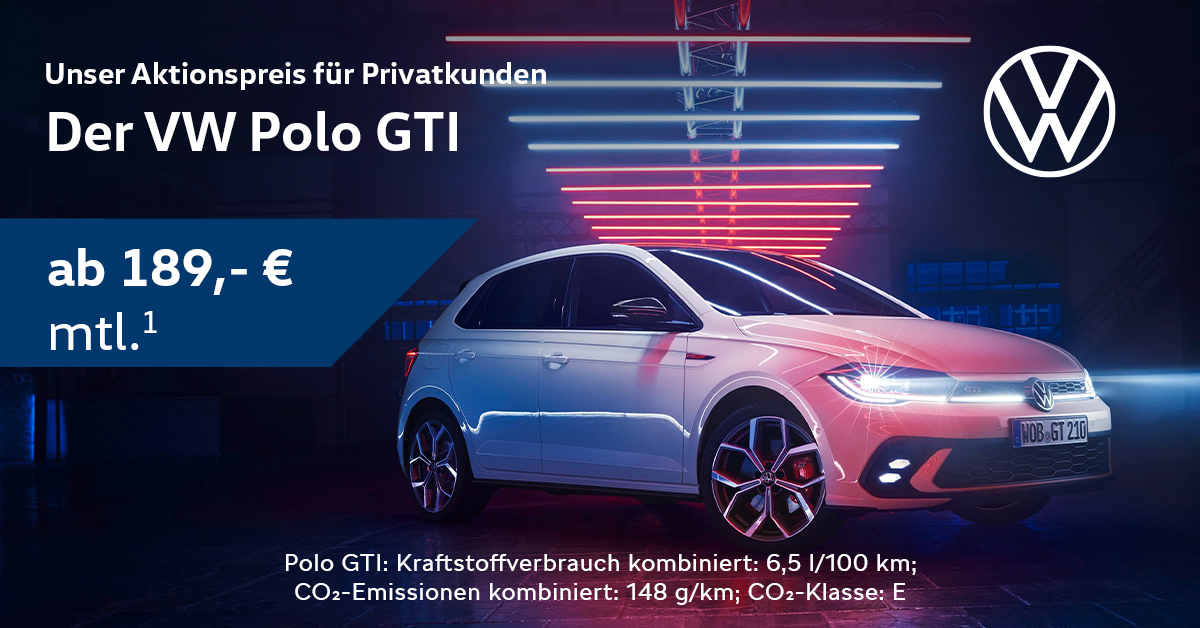Volkswagen Polo GTI Angebot mit Preisdetails und beeindruckender Beleuchtung