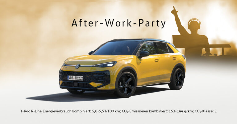 Gelber Crossover SUV bei Auto-Party-Event mit DJ im Hintergrund